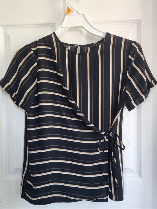 Banana Republic Tops - Y2k BANANA REPLUBLIC Striped Black Wrap-Style Front Blouse w/ Cream Stripes 1111